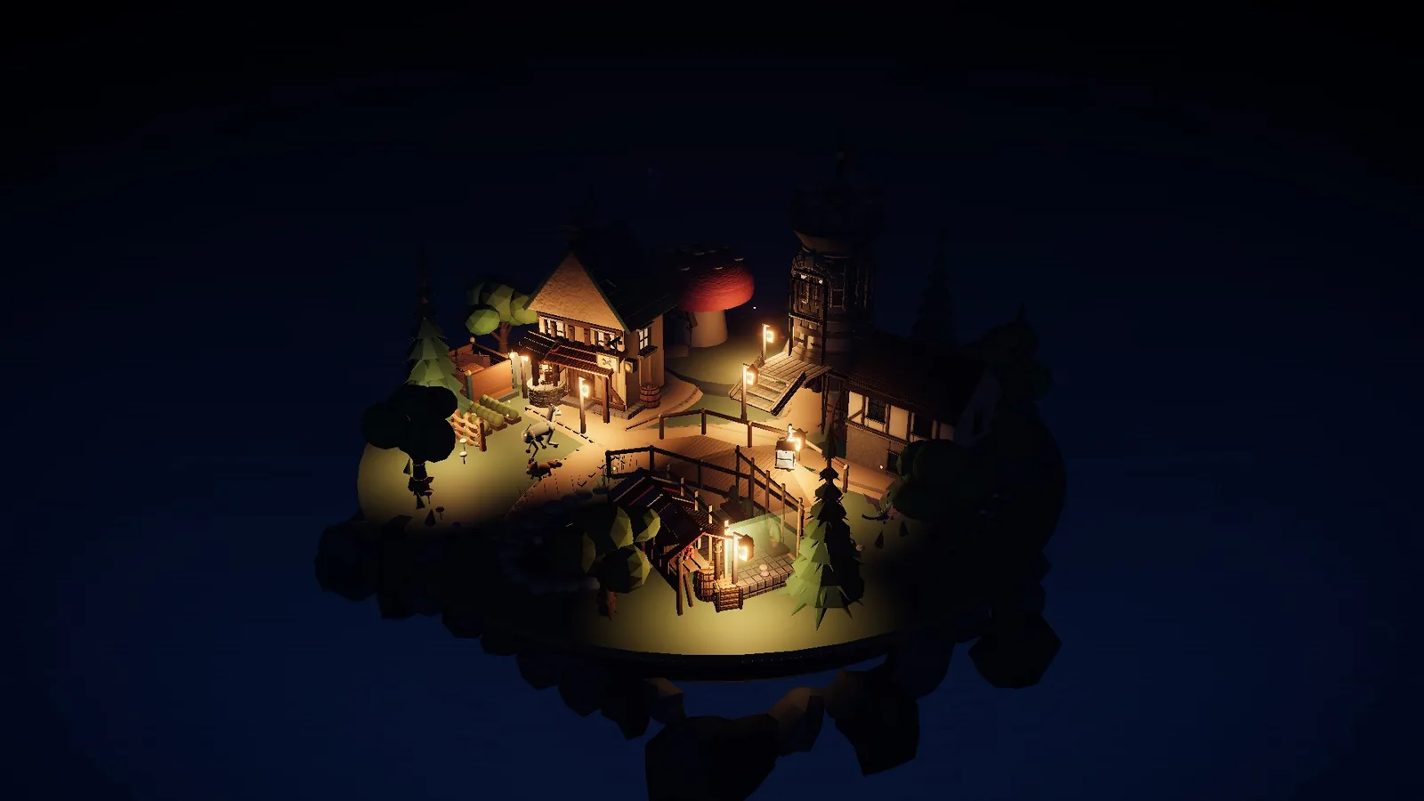 The same village at night along a lantern-lit river